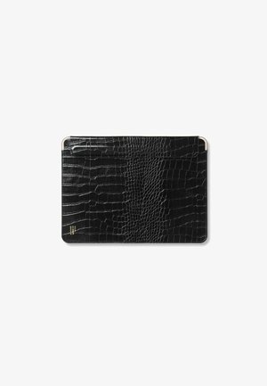 Black crocodile-textured leather laptop sleeve with flap closure and small gold logo in bottom left corner on white background.