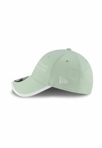 Mint green cap with a white brim, featuring embroidered logos on the front and side. Adjustable back closure and smooth fabric texture.