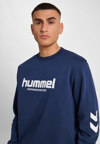 Ung man som bär en marinblå sweatshirt med texten "hummel SPORTSWEAR SINCE 1923" och vita chevronlogotypor på ärmen mot en neutral bakgrund.