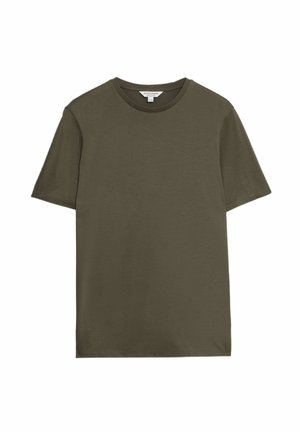 Olijfgroene t-shirt met korte mouwen, gemaakt van zachte, gladde stof; heeft een ronde halslijn en een relaxed fit met gestikte zomen.