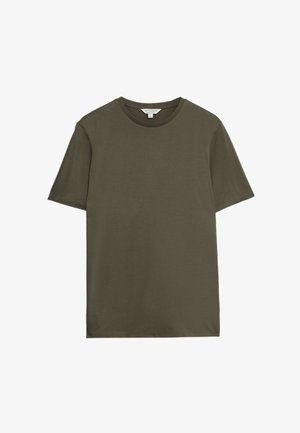 Olijfgroene t-shirt met korte mouwen, gemaakt van zachte, gladde stof; heeft een ronde halslijn en een relaxed fit met gestikte zomen.