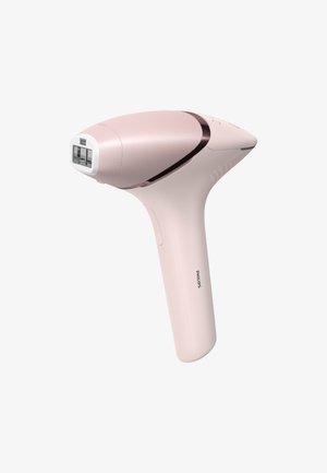 Handheld device for hair removal with a pink and white plastic body, contoured shape, digital interface, and a rectangular treatment window.