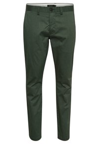 Gröna byxor i ett strukturerat tyg, med framknäppning, rak bendesign och en subtil lyster.