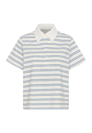 Biele polo tričko s krátkym rukávom, modro-čierne horizontálne pruhy a široký špicatý biely golier.