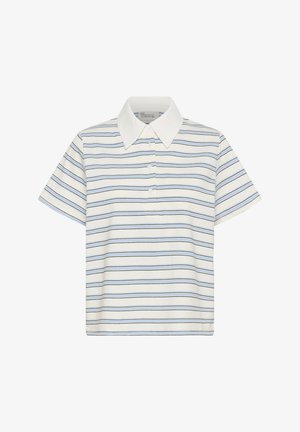 Biele polo tričko s krátkym rukávom, modro-čierne horizontálne pruhy a široký špicatý biely golier.