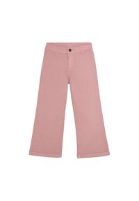 Rosa weite Baumwollhose. Mit Knopfverschluss, Gürtelschlaufen und glatter Textur. Der Saum ist für eine lockere Passform umgeschlagen.