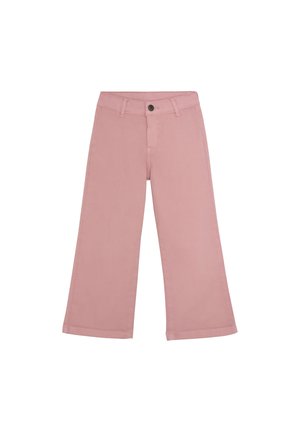 Rosa weite Baumwollhose. Mit Knopfverschluss, Gürtelschlaufen und glatter Textur. Der Saum ist für eine lockere Passform umgeschlagen.