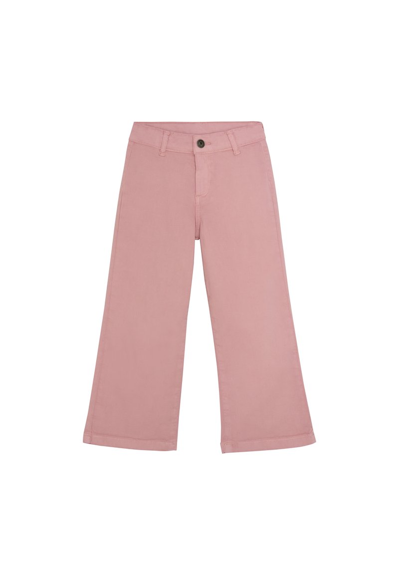Rosa weite Baumwollhose. Mit Knopfverschluss, Gürtelschlaufen und glatter Textur. Der Saum ist für eine lockere Passform umgeschlagen.