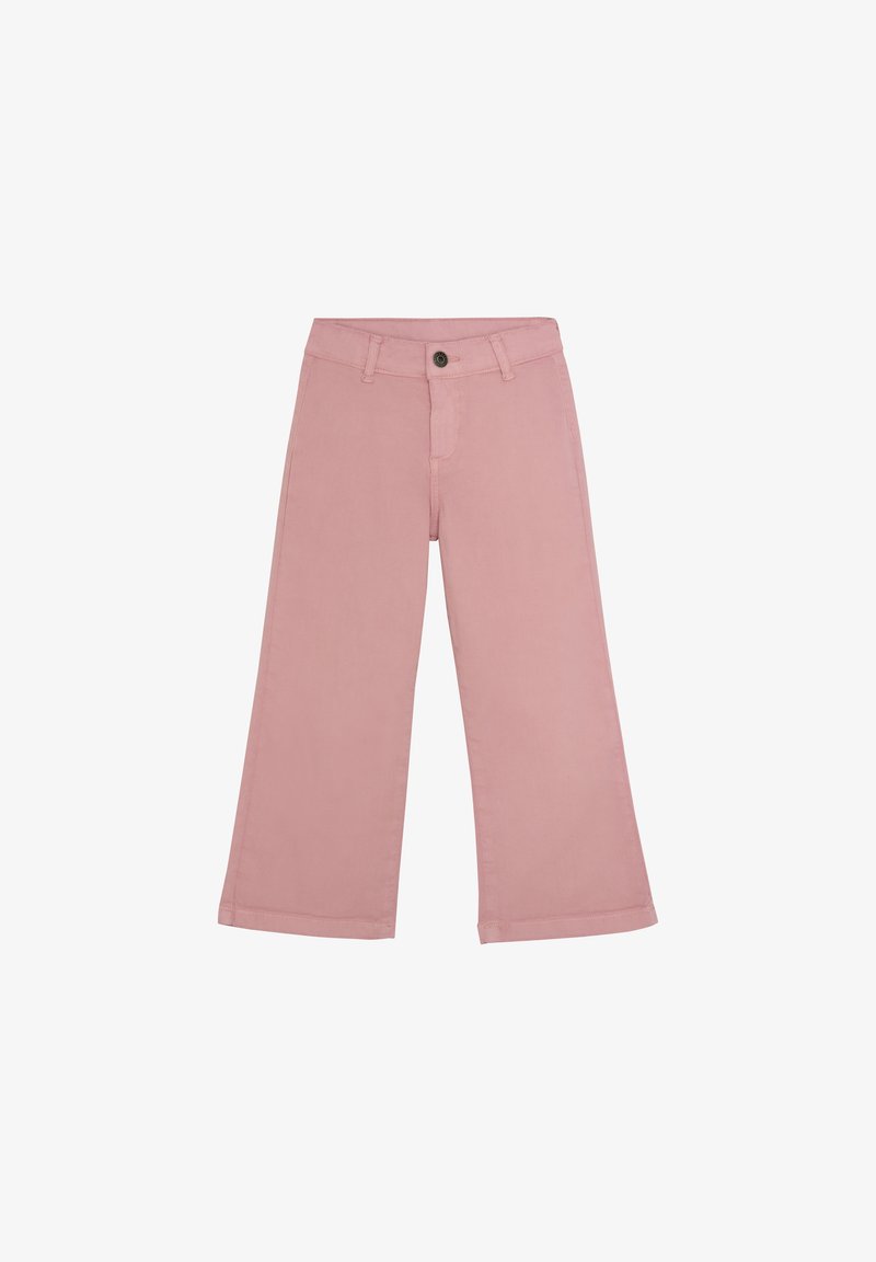 Różowe spodnie szerokie wykonane z bawełny. Posiadają zapięcie na guzik, szlufki na pasek oraz gładką teksturę. Doły są podwinięte dla luźniejszego fasonu.