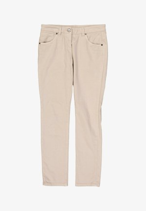Pantalones beige de corte recto con cierre frontal de botón y cremallera, trabillas para cinturón y dos bolsillos delanteros con remaches.