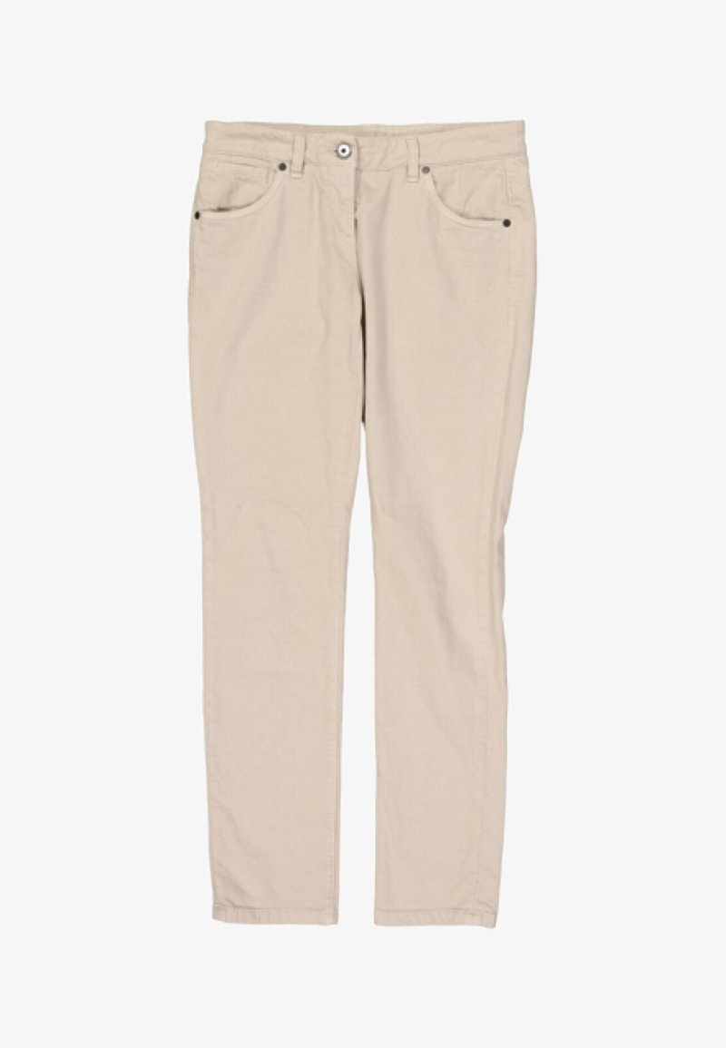 Pantalon beige droit avec fermeture à bouton et zip sur le devant, passants pour ceinture et deux poches avant avec rivets.