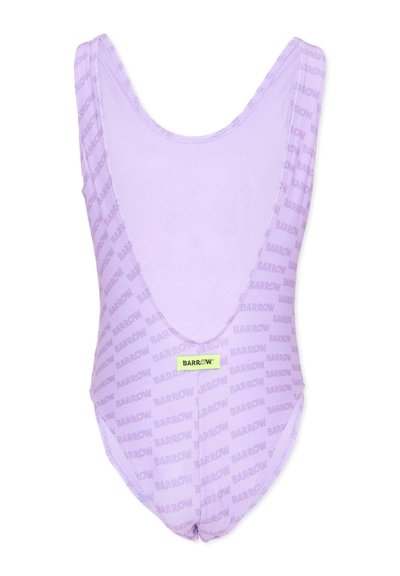 Maillot de bain une-pièce lilas avec motif répété "BARROW" et étiquette logo rectangulaire jaune au centre avant.