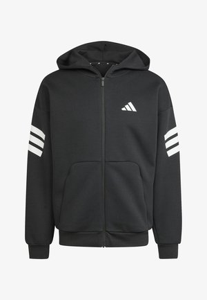 Felpa nera con zip, cappuccio, polsini a costine e tasche. Presenta strisce bianche sulle maniche e un logo bianco sul petto.