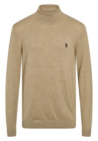 Maglione beige a collo alto realizzato in morbido tessuto a maglia, con maniche lunghe e un piccolo logo ricamato nero sul lato sinistro del petto.