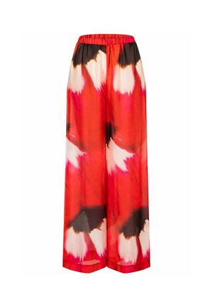 Hose mit weitem Bein und elastischem Bund, versehen mit einem abstrakten Blumenmuster in Rot, Schwarz und Weiß.