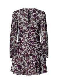 Vestido floral con mangas largas, corpiño fruncido, falda de volantes y una mezcla de colores púrpura, rosa y gris sobre una tela semitransparente.