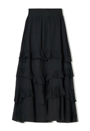 Black tiered maxi skirt made of lightweight fabric. Features a smocked waistband and ruffled layers for texture and movement.