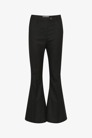 Zwarte flared broeken van gladde stof, met een hoge taille, voor sluiting met een knop en een strakke, op maat gemaakte uitstraling.