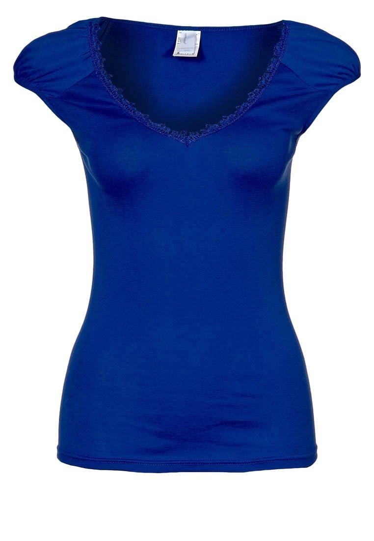 Blue fitted T-shirt made of cotton, featuring a V-neck with lace trim, short puffed sleeves, and a smooth texture.