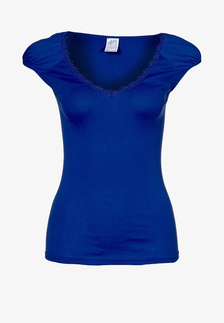 Blue fitted T-shirt made of cotton, featuring a V-neck with lace trim, short puffed sleeves, and a smooth texture.