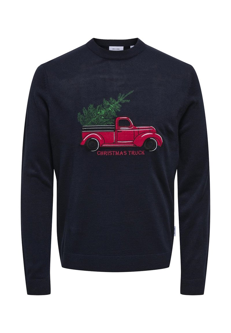 Marineblauwe gebreide trui met een rode vintage vrachtwagen met een kerstboom in de laadbak en de tekst "KERSTTRUCK" onder het ontwerp.