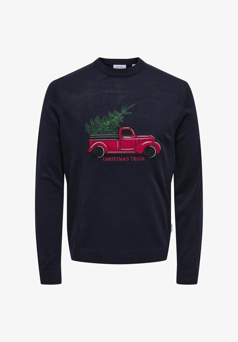 Pull en tricot bleu marine avec un ancien camion rouge portant un sapin de Noël à l'arrière et le texte "CAMION DE NOËL" en dessous du design.