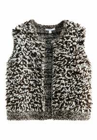 Bruine en witte fuzzy vest met een gestructureerd, harig oppervlak, open voorkant en zonder mouwen. Gemaakt van zacht, gebreid materiaal.