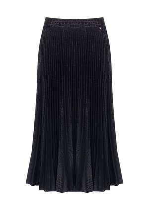 Gonna nera plissettata realizzata in tessuto testurizzato, con un motivo rettiliano, vita elastica e silhouette svasata.