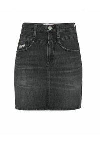 Jeanskjol i mörkgrått. Har en figurnära midja, framfickor och en logotyp på vänster sida. Klassisk design med rak skärning.