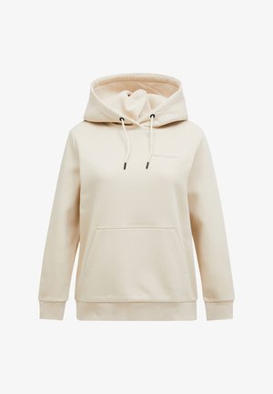 Beige Hoodie aus weichem Material, mit einer großen Fronttasche, Kordelzügen und gerippten Bündchen an den Handgelenken und am Saum.