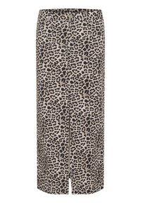 Midi sukně s leopardím potiskem, rovného střihu, s předním rozparkem, elastickým pasem a béžovým pozadím s tmavými skvrnami.