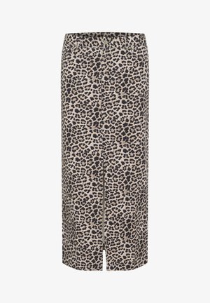 Fustă midi cu imprimeu leopard, cu croială dreaptă, având o fante în față, talie elastică și un fundal bej cu pete întunecate.