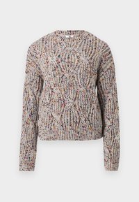 Chunky gebreide sweater in lichtgrijs met multicolor spikkels en een kabelbreipatroon, met lange mouwen en een ronde halslijn.