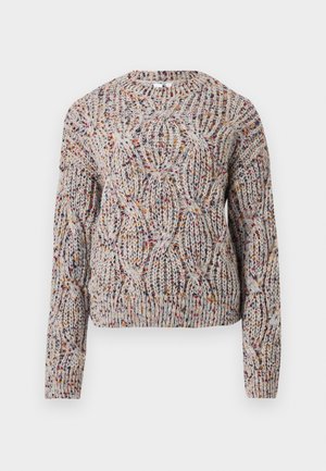 Chunky gebreide sweater in lichtgrijs met multicolor spikkels en een kabelbreipatroon, met lange mouwen en een ronde halslijn.