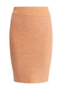 Strick-Bleistiftrock in Orange mit vertikalen Rippungen. Verfügt über einen elastischen Bund und eine glatte Textur, entworfen für eine figurschmeichelnde Silhouette.