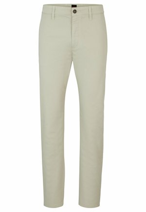 Pantalones beige para hombre confeccionados en algodón suave. Cuentan con cierre de botón, trabillas para cinturón y diseño de pierna recta. Sin patrones ni acentos visibles.