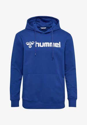 Sweat à capuche bleu avec une poche kangourou à l'avant, logo "hummel" blanc, capuche avec cordons de serrage, et poignets et ourlet côtelés. Fabriqué en tissu lisse.
