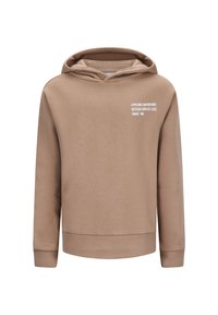 Bruine, sweatshirt met capuchon en lange mouwen. Heeft witte tekst op de voorkant: "ONTDEK AVONTUUR RETOUR DN DE LUXE SINCE '89." Zachte textuur.