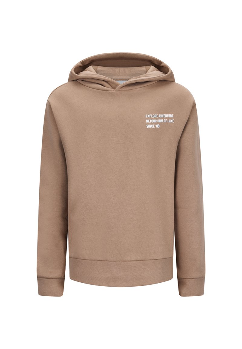 Bruine, sweatshirt met capuchon en lange mouwen. Heeft witte tekst op de voorkant: "ONTDEK AVONTUUR RETOUR DN DE LUXE SINCE '89." Zachte textuur.