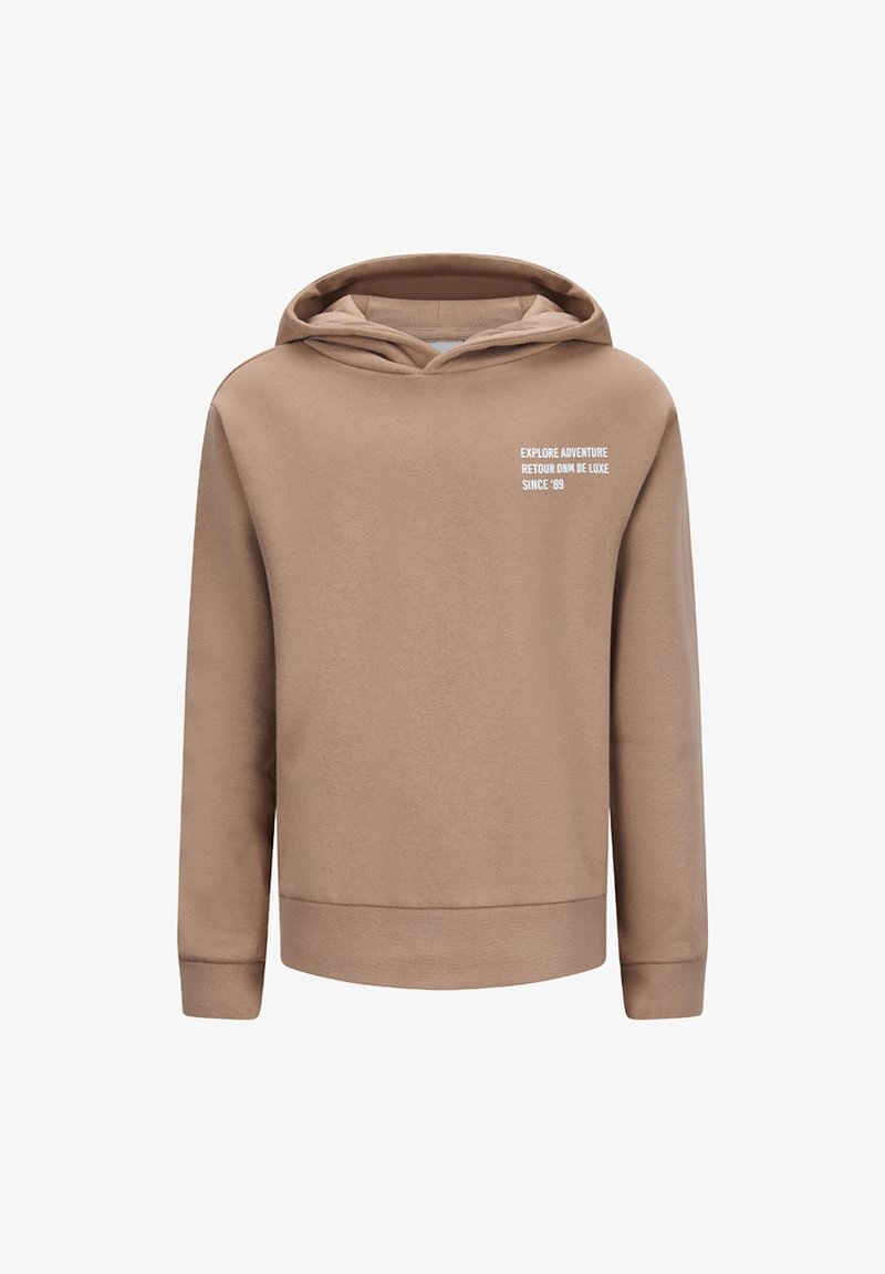 Bruine, sweatshirt met capuchon en lange mouwen. Heeft witte tekst op de voorkant: "ONTDEK AVONTUUR RETOUR DN DE LUXE SINCE '89." Zachte textuur.