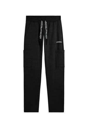 Pantalones casual negros con cintura elástica, cuatro bolsillos de parche y cordones y logo de marca en el bolsillo delantero derecho.