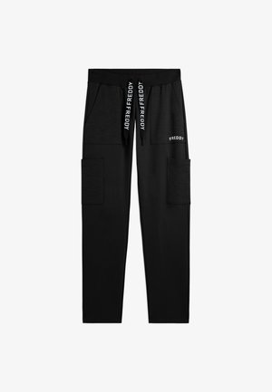 Pantalones casual negros con cintura elástica, cuatro bolsillos de parche y cordones y logo de marca en el bolsillo delantero derecho.
