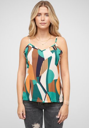 Débardeur à bretelles spaghetti avec un motif géométrique coloré dans les tons de vert, marron, orange et blanc, avec une coupe décontractée et un décolleté en V.