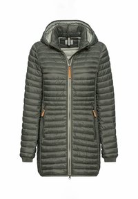 Olive green puffer jacket with a hood, quilted design, zip closure, and two side pockets. Features brown accents and ribbed cuffs.