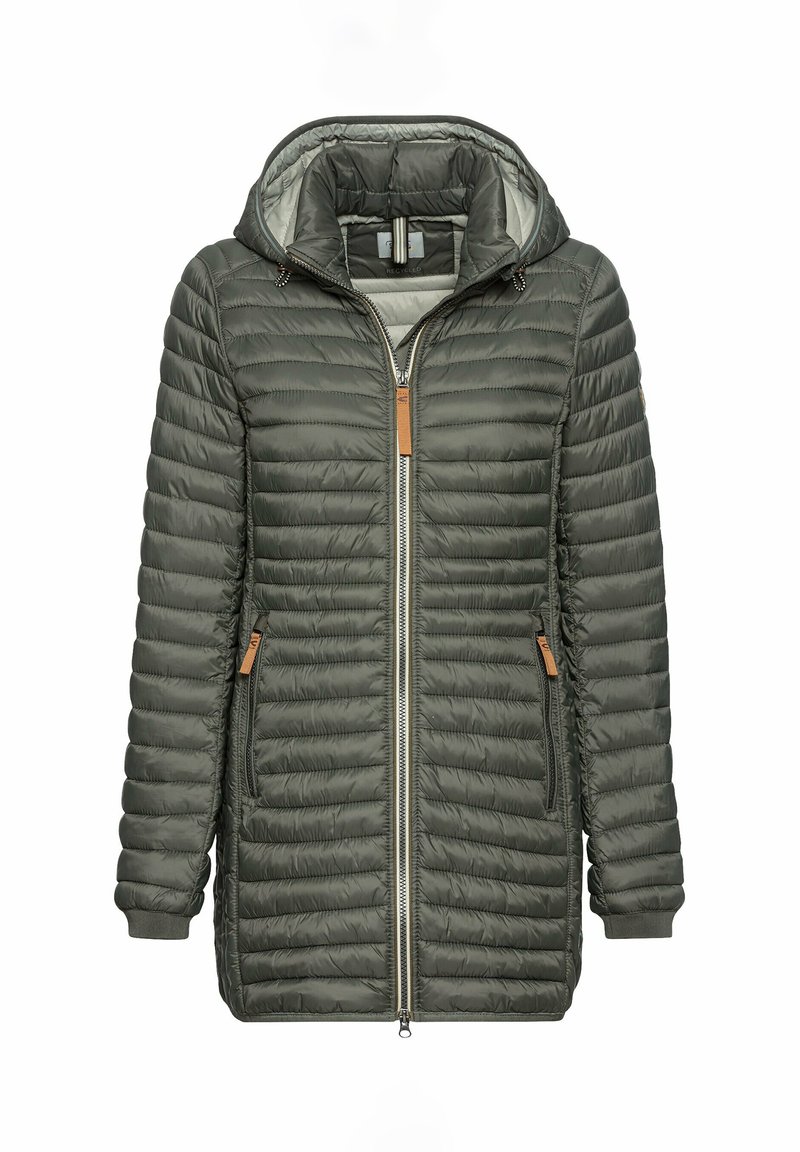 Olive green puffer jacket with a hood, quilted design, zip closure, and two side pockets. Features brown accents and ribbed cuffs.