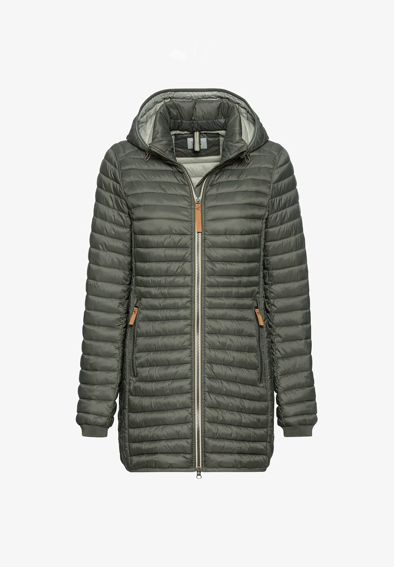 Olive green puffer jacket with a hood, quilted design, zip closure, and two side pockets. Features brown accents and ribbed cuffs.