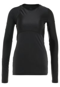 Schwarzes, langärmliges Sportoberteil aus glattem, dehnbarem Material. Verfügt über einen abgerundeten Ausschnitt und geschwungene Nahtdetails am Rumpf und an den Ärmeln.