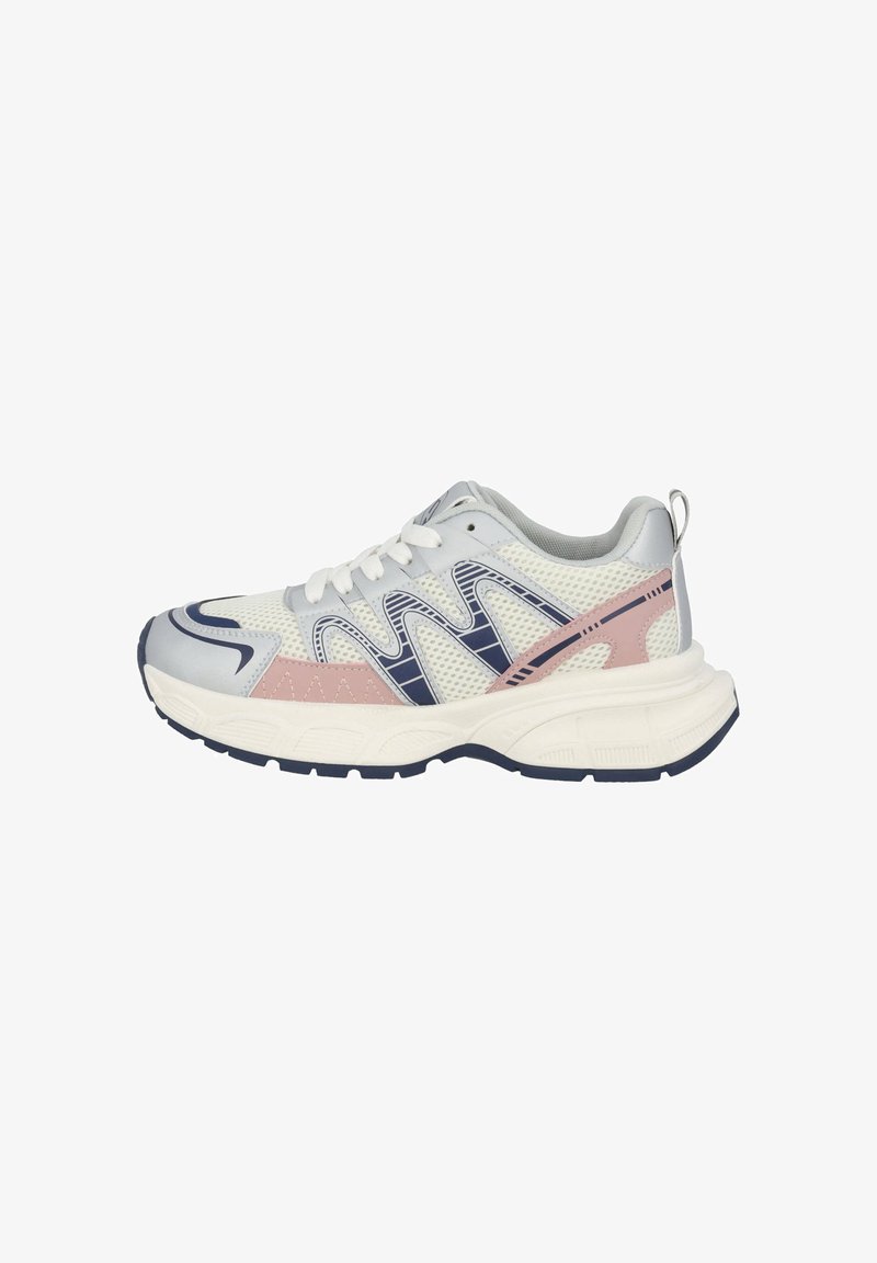 Scarpe sportive con una parte superiore in rete leggera di colore bianco e grigio chiaro, con accenti rosa e blu navy. Suola spessa bianca con dettagli testurizzati.