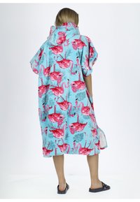 Turquoise hooded beach cover-up featuring a vibrant pink flamingo pattern, short sleeves, and a loose fit. Soft, light fabric with a relaxed design.