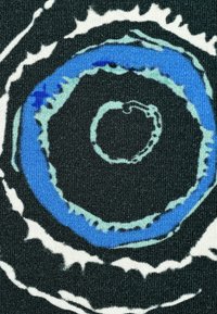 Textile pattern featuring a central blue spiral with light blue accents, layered over a black background with contrasting white waves.